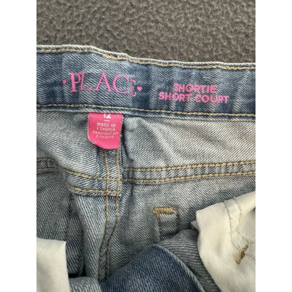 The Children's Place Girls Light Wash Denim Shortie Shorts Lace Hem 12 Pockets